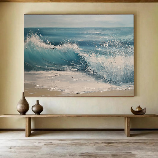 Blue, White and Beige Crashing Wave "Splash of Serenity" Painting On Canvas HB0670