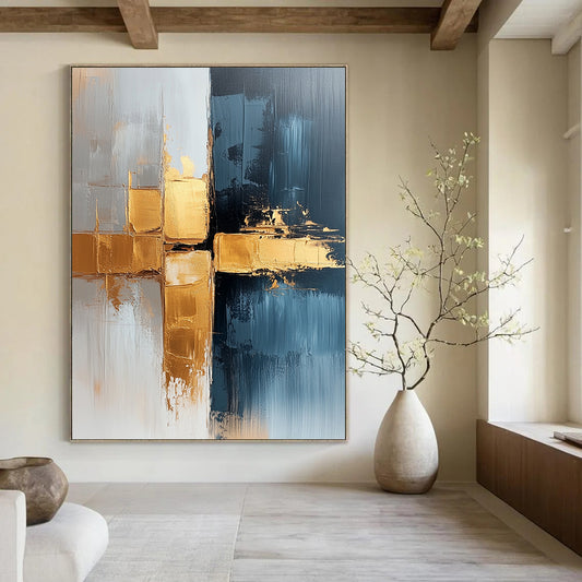 Contemporary hand-painted abstract art featuring a luxurious blend of white and gold tones with gray-blue gradients and striking brushstrokes for a unique visual experience. DLZ0778