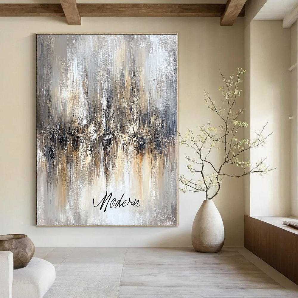 Contemporary abstract artwork featuring an ethereal chandelier in beige and grey tones with "Modern" in cursive on a canvas-textured background. DLZ0457