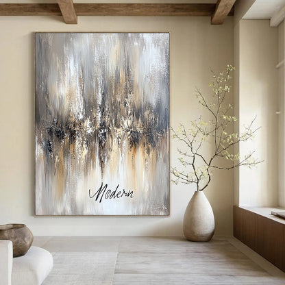 Contemporary abstract artwork featuring an ethereal chandelier in beige and grey tones with "Modern" in cursive on a canvas-textured background. DLZ0457