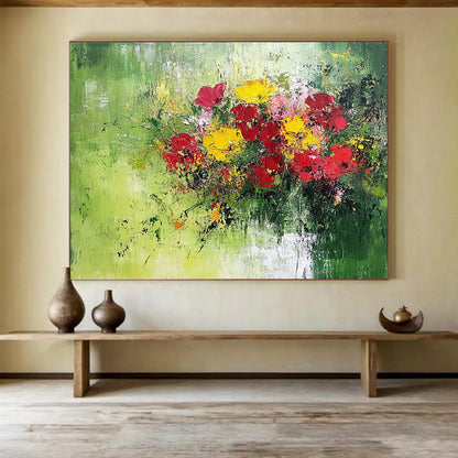 Impasto Flower Bouquet on Green - Textured Still - Life Painting On Canvas HB0475