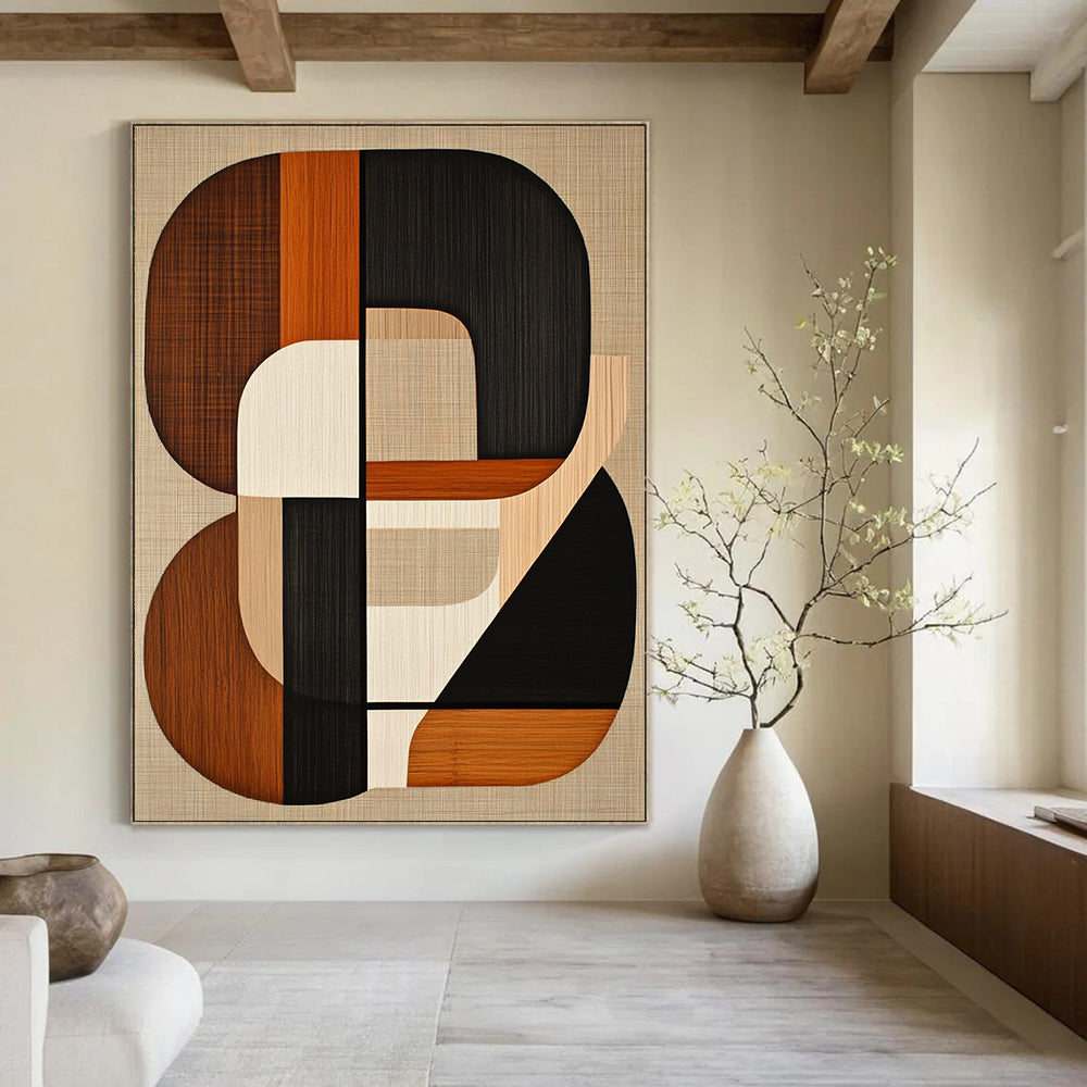 Contemporary hand-painted abstract artwork featuring mid-century modern shapes in earth tones with black lines on a beige background. DLZ1599