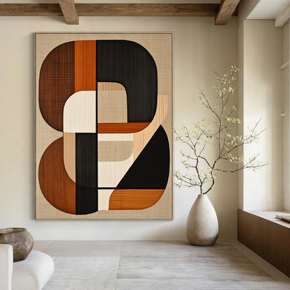 Contemporary hand-painted abstract artwork featuring mid-century modern shapes in earth tones with black lines on a beige background. DLZ1599