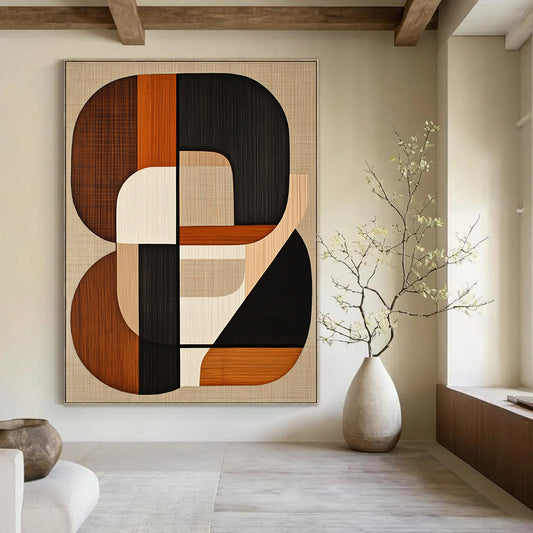 Contemporary hand-painted abstract artwork featuring mid-century modern shapes in earth tones with black lines on a beige background. DLZ1599