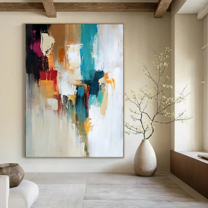 Contemporary hand-painted abstract art with soft colors and thick brushstrokes featuring beige, white, teal, green, orange, and brown tones. DLZ1055