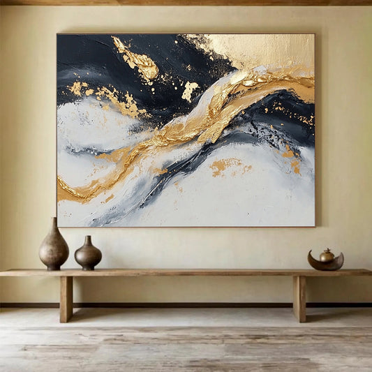 “Textured Gold - Black Wave Motion” - Gold, Black, Gray, Textured Waves Painting On Canvas HB0809