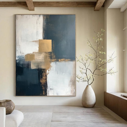 Contemporary abstract artwork featuring bold brush strokes in white, grey, beige, and blue with striking gold accents for a vibrant decor statement. DLZ0344