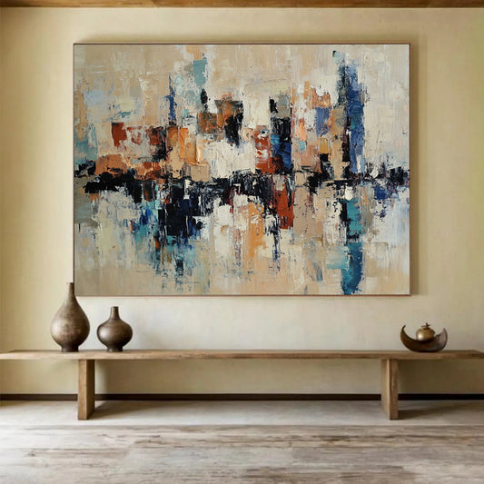 “Cityscape Abstract” - Beige, Blue, Brown, White with Reflective Shapes - Painting On Canvas HB1393
