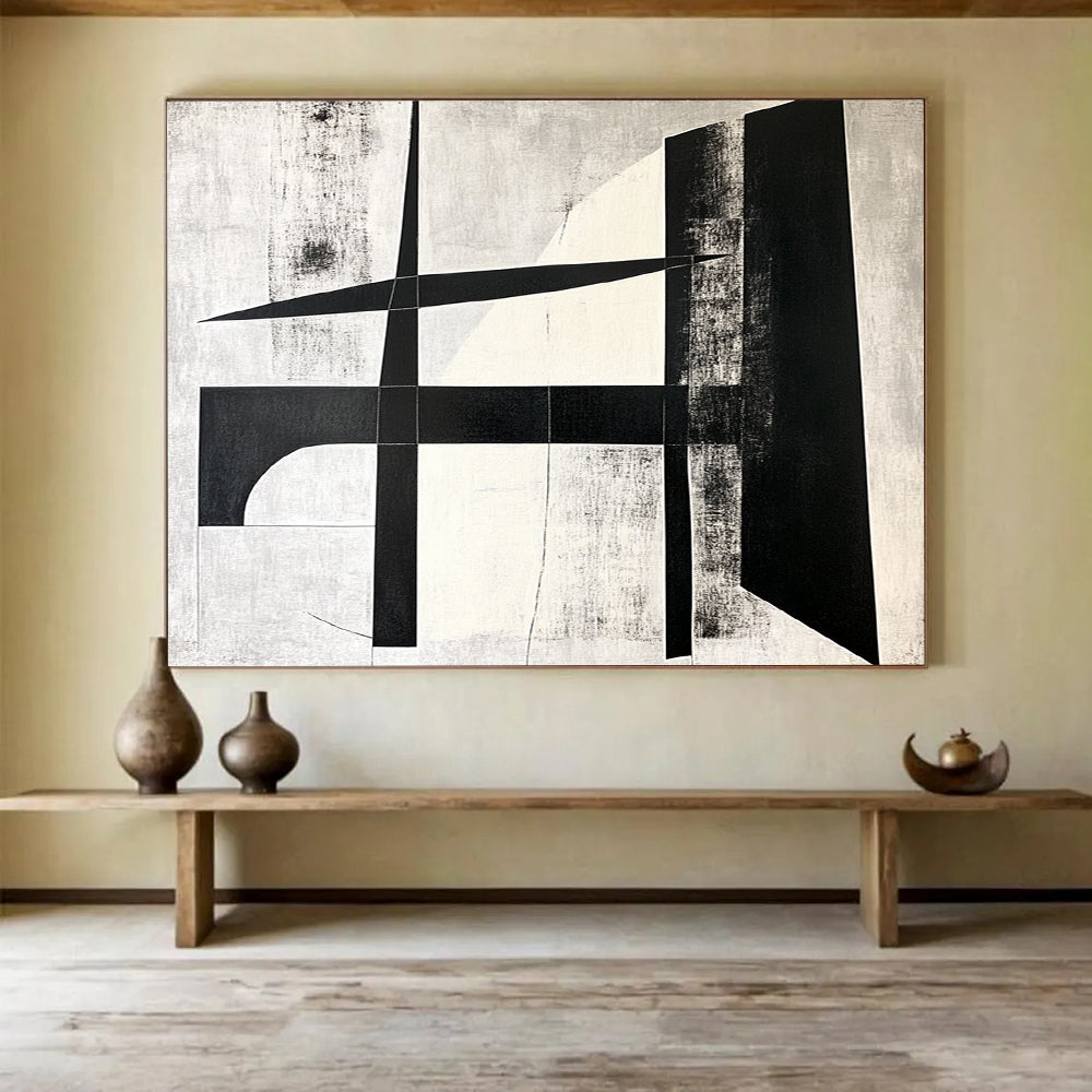 Geometric Black and White Cross - Precision Abstract Painting On Canvas HB0464