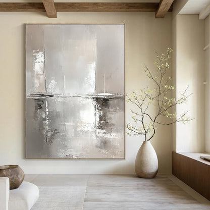 Contemporary abstract art features white and gray tones with water reflections and sailboats, showcasing loose brushstrokes and a modern minimalist aesthetic. DLZ0667