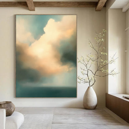 Contemporary abstract oil painting features muted teal and beige clouds over an ocean, creating a serene and captivating atmosphere. DLZ0892