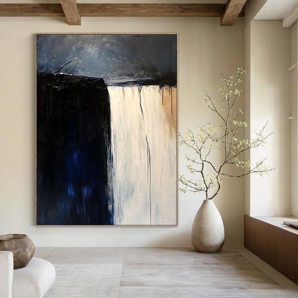 Large contemporary hand-painted abstract artwork featuring a white waterfall against a dark blue sky in a minimalist beige and black palette. DLZ0610