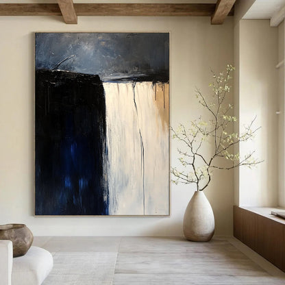Large contemporary hand-painted abstract artwork featuring a white waterfall against a dark blue sky in a minimalist beige and black palette. DLZ0610