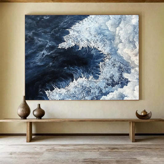 “Ocean Vortex” - Deep Blue, White, Dynamic Sea Painting On Canvas HB0696