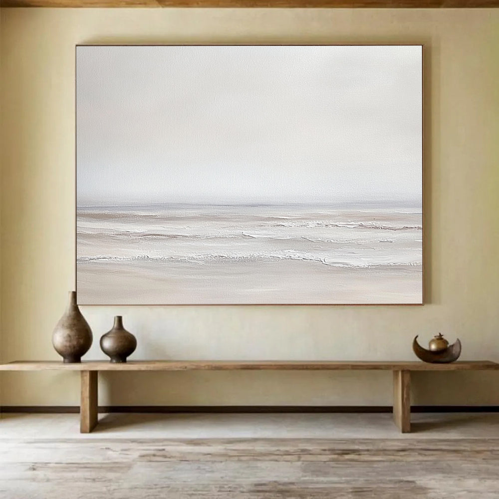 “Soft Gray Seaside” - Gray, white, beige, minimalist, Seascape Painting HB0625