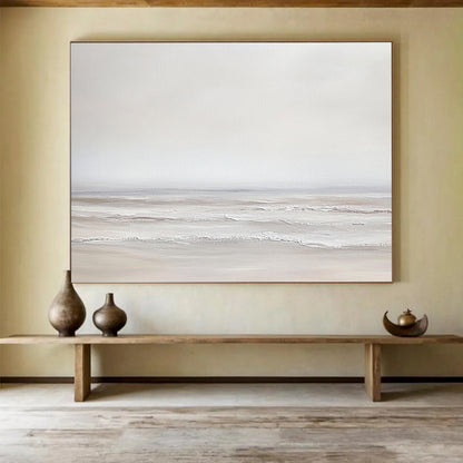 “Soft Gray Seaside” - Gray, white, beige, minimalist, Seascape Painting HB0625