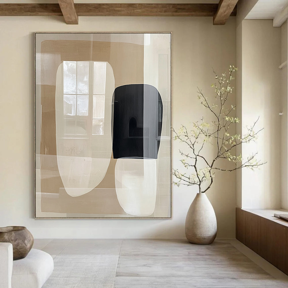 Contemporary abstract painting featuring large beige and white shapes with negative space and a central black form reflecting windows on a glass surface. DLZ1631