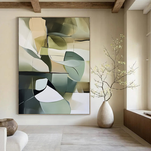 Contemporary abstract artwork featuring muted green tones and light colors against a dark gray background, inspired by Frey and Marie-Suze van der Hout. DLZ0490