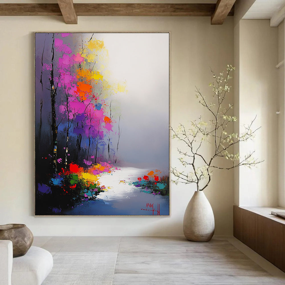 Contemporary hand-painted abstract artwork featuring vibrant flowers and trees in morning mist with smooth brushwork and atmospheric perspective. DLZ1413