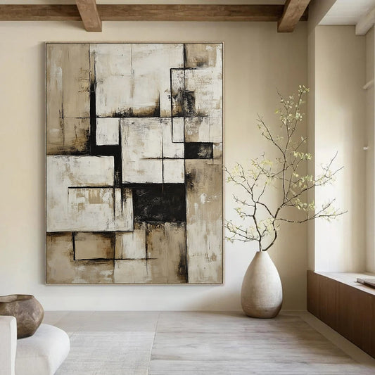 Contemporary hand-painted abstract art in neutral beige and white features geometric shapes and bold black accents for a striking visual impact. DLZ0849