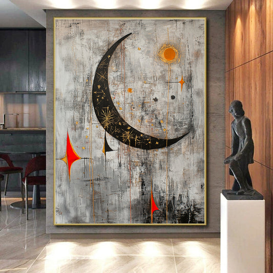 Gray, Black, Gold, Orange and Red Celestial Motifs "Starry Night Revisited" Painting On Canvas HB335