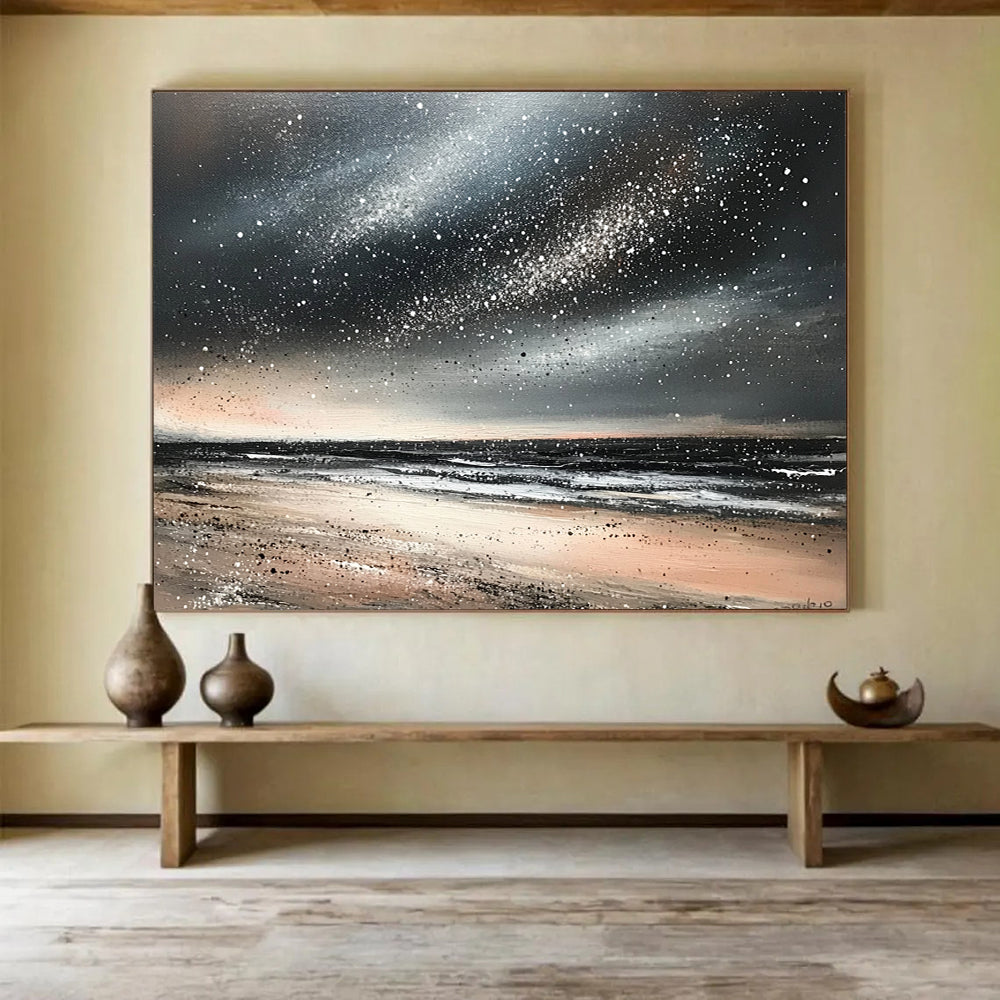 “Starry Beach Night” - Blacks, whites, beiges, silvers; Starry sky over a quiet beach; Mixed Media Painting On Canvas HB1183