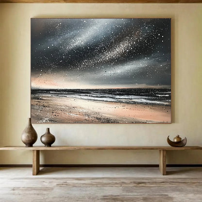“Starry Beach Night” - Blacks, whites, beiges, silvers; Starry sky over a quiet beach; Mixed Media Painting On Canvas HB1183