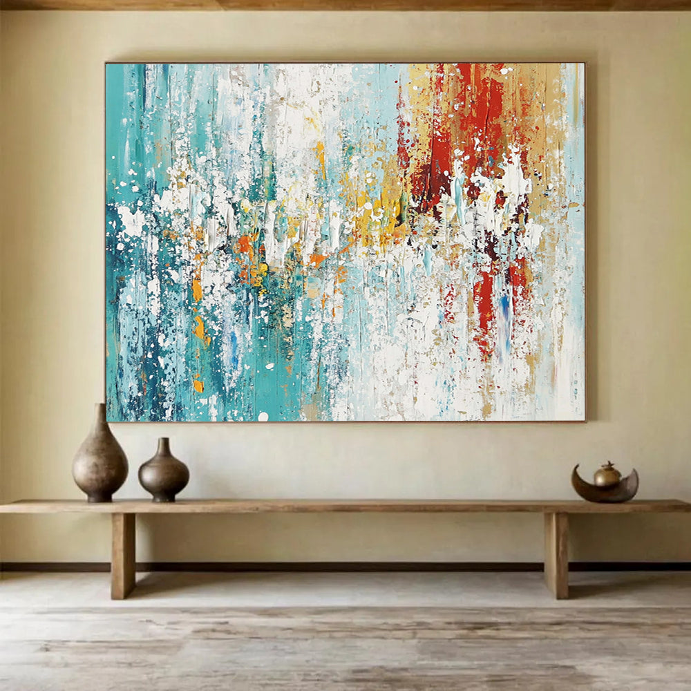 “Colorful Abstract Splash” - Teal, yellow, red, white; Abstract splash with vibrant colors; Acrylic Painting On Canvas HB1271