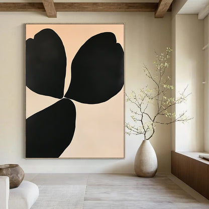 Large contemporary abstract painting featuring elegant floral shapes in black and white on an off-white background with subtle color gradients for depth. DLZ1339