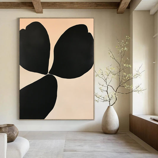 Large contemporary abstract painting featuring elegant floral shapes in black and white on an off-white background with subtle color gradients for depth. DLZ1339