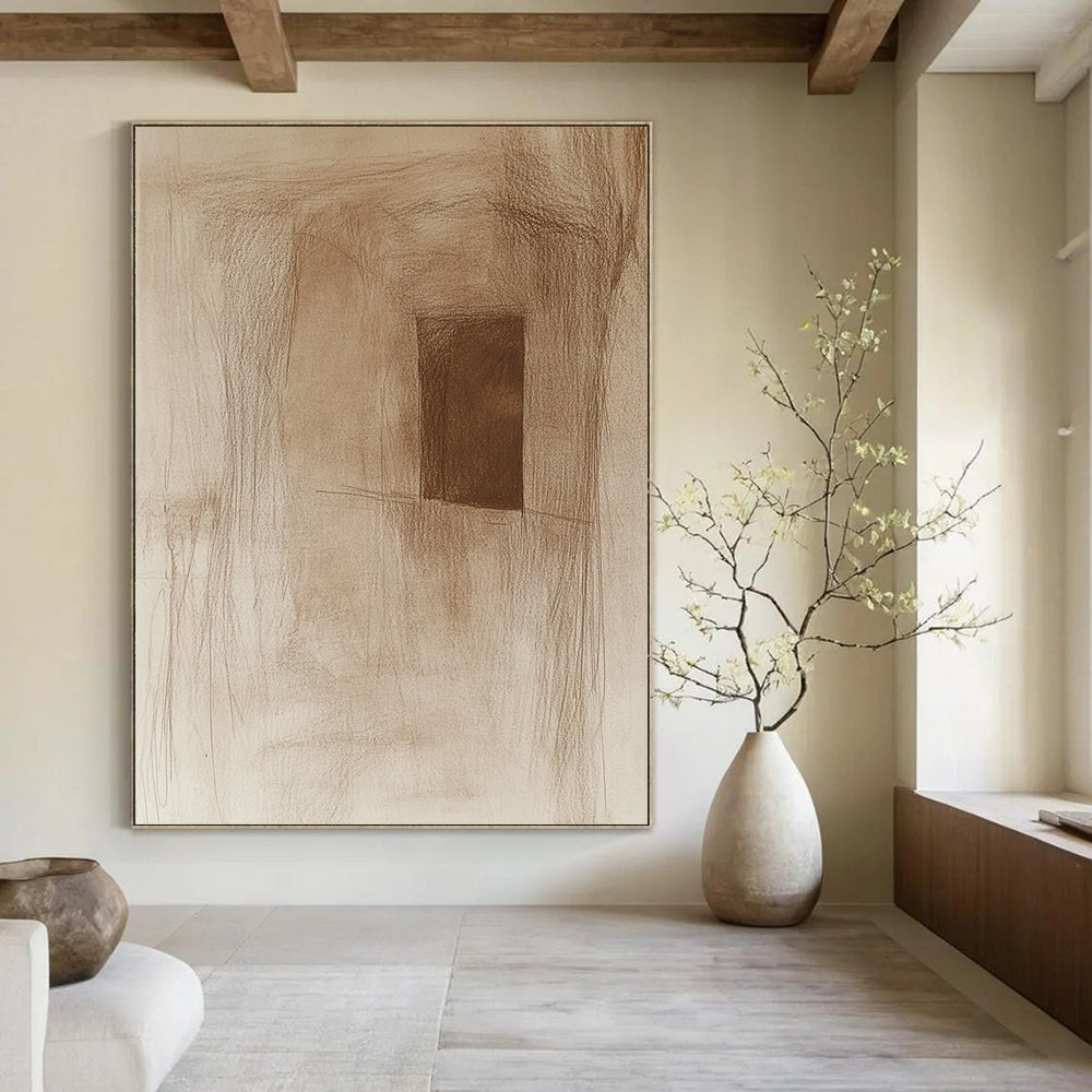 Contemporary abstract artwork features a rough pencil sketch of an ancient cave wall with a small window subtle sepia tones and simple lines. DLZ1452