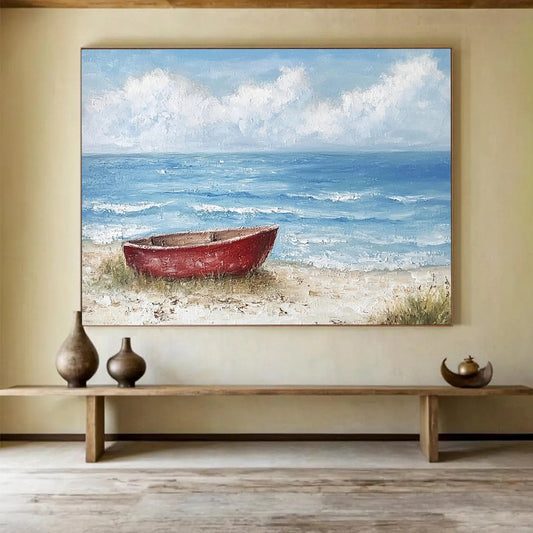 “Red Boat on Calm Beach” - Blue, Red, Beige, Boat on Sandy Shore - Textured Acrylic Painting HB1697