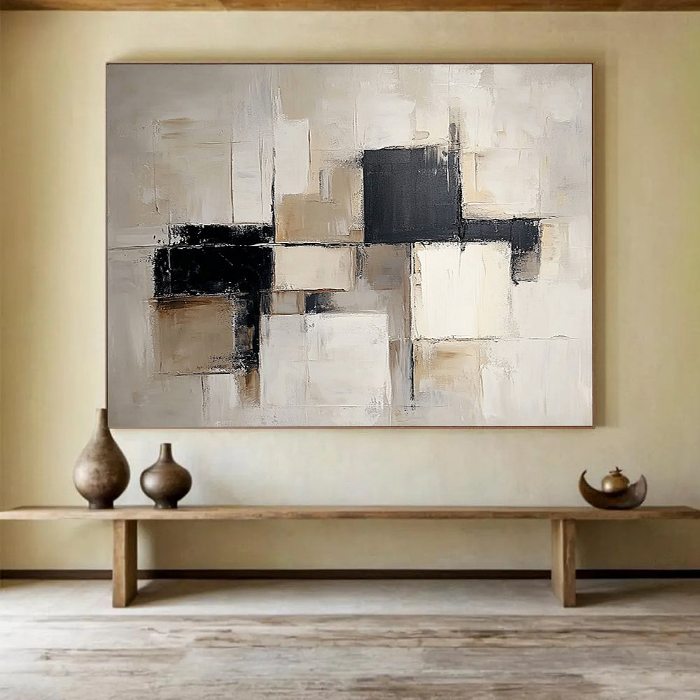 “Neutral Geometric Blocks” - Beige, Black, White, Abstract Cubes Painting On Canvas HB1054