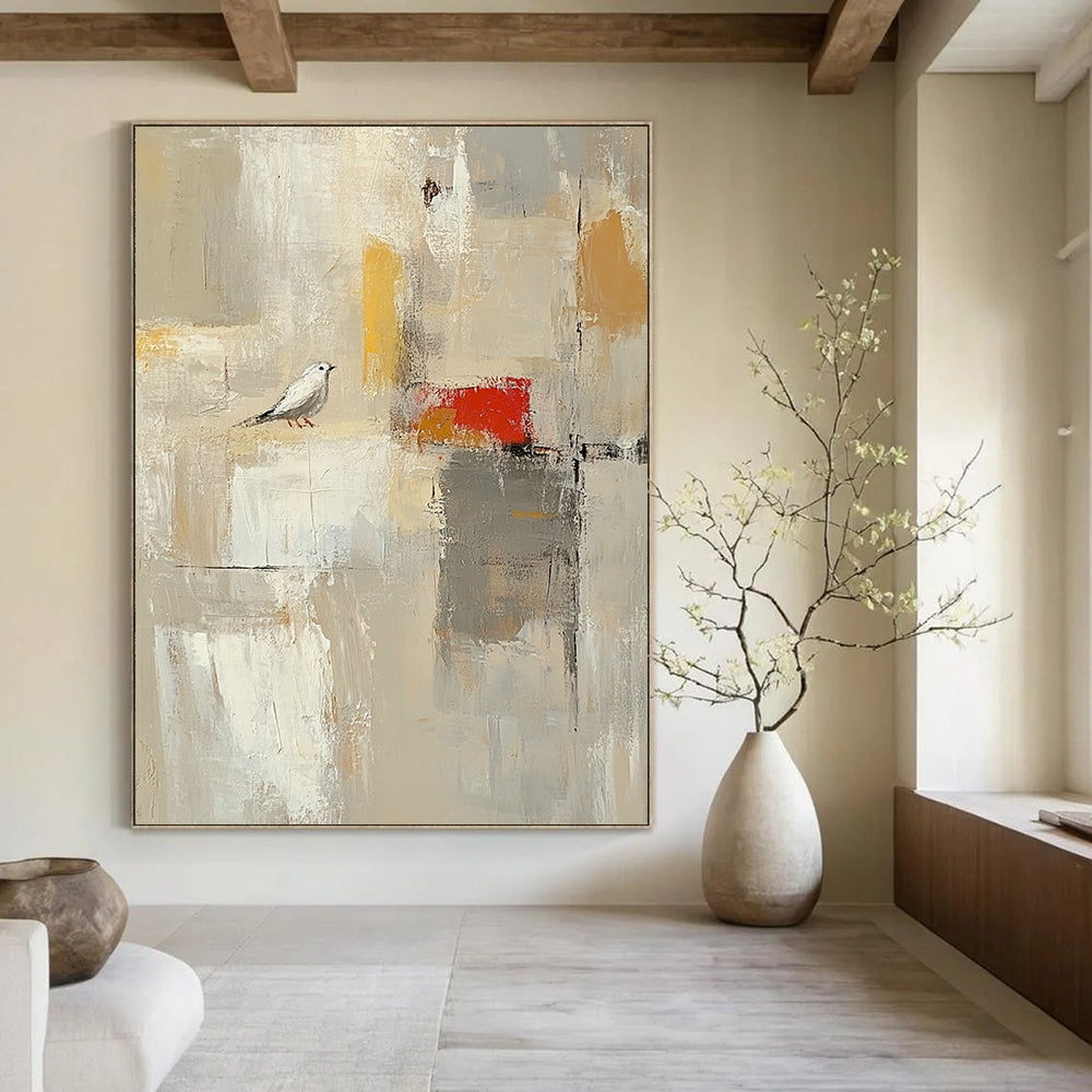 Contemporary hand-painted abstract artwork featuring large white spaces, textured brush strokes, and neutral colors highlighted with red and yellow accents. DLZ0920
