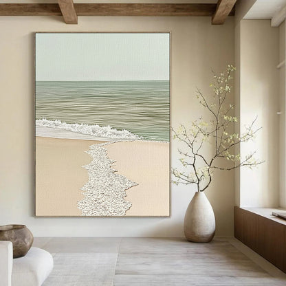 Contemporary abstract painting showcases a detailed watercolor seascape with a sandy edge in soothing beige and light green tones. DLZ1444
