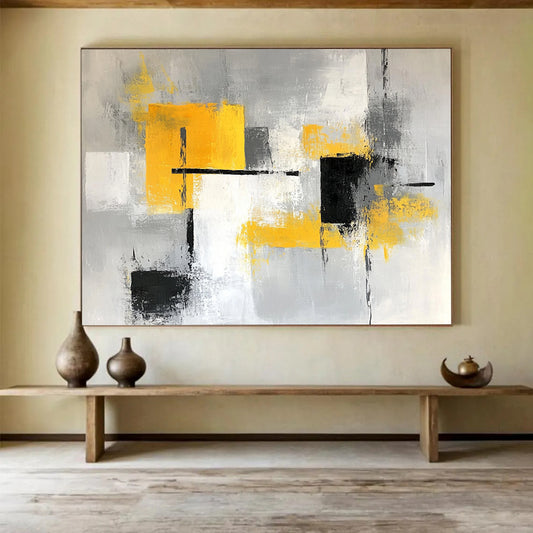“Gray and Yellow Geometric Abstract” - Gray, Yellow, Geometric Shapes Painting On Canvas HB0887
