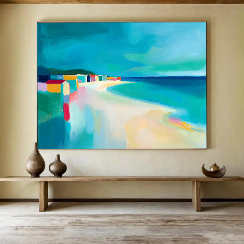 “Colorful Beach Scene with Abstract Houses” - Coastal Abstract Painting On Canvas HB0520