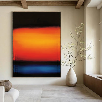 Bold contemporary hand-painted abstract artwork with a serene orange and blue gradient background and glowing shades of red and blue. DLZ1157
