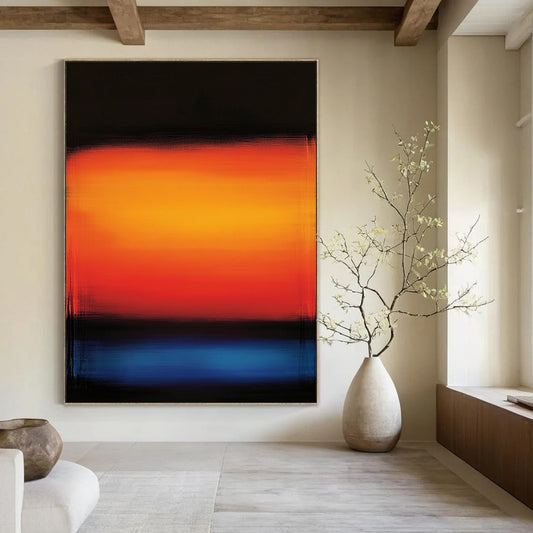 Bold contemporary hand-painted abstract artwork with a serene orange and blue gradient background and glowing shades of red and blue. DLZ1157