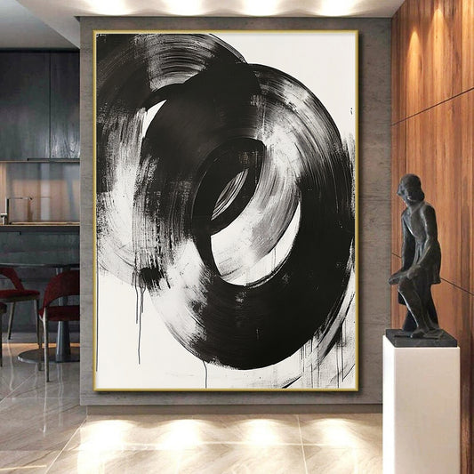 Black, White, Overlapping Circular Strokes "Ink Rings" Abstract Minimalist Painting On Canvas HB136