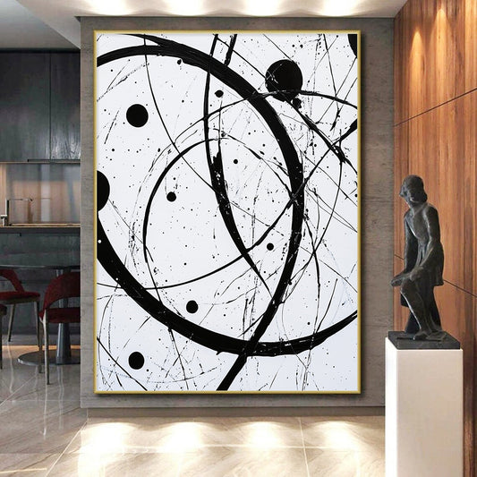 Black, White, Intertwined Circles "Monochrome Orbits" Abstract Modernist Painting On Canvas HB102