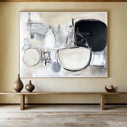 “Monochrome Stillness” - Beige, White, Gray with Abstract Bottles - Abstract Acrylic Painting HB1340