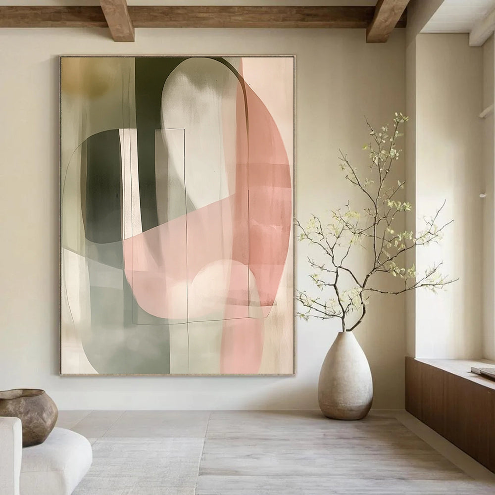 Large contemporary hand-painted abstract artwork featuring pastel colors simple shapes soft lighting and double exposure effects. DLZ1601