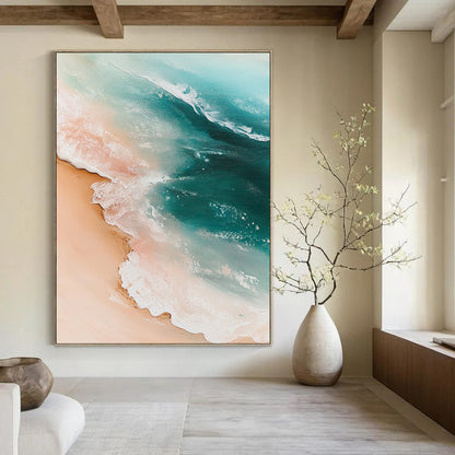 Contemporary hand-painted abstract artwork featuring a sandy beach with gentle waves in light pink and turquoise tones, evoking nature's serene beauty. DLZ1222