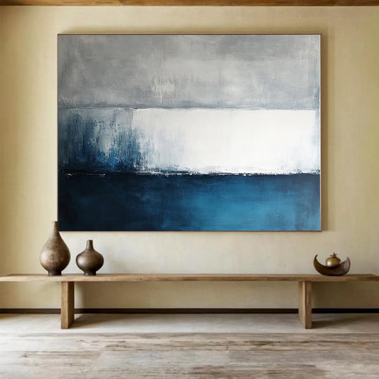 “Gray - Blue Abstract Horizon Lines” - Gray, Blue, White, Horizon Lines Painting On Canvas HB0832