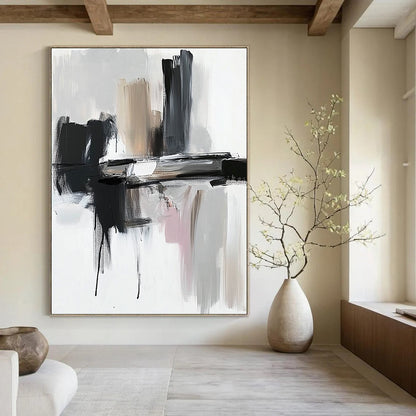Contemporary abstract painting featuring thick brushstrokes in black and gray against a white backdrop showcasing dynamic shapes and textures. DLZ0772