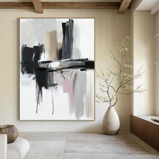Contemporary abstract painting featuring thick brushstrokes in black and gray against a white backdrop showcasing dynamic shapes and textures. DLZ0772