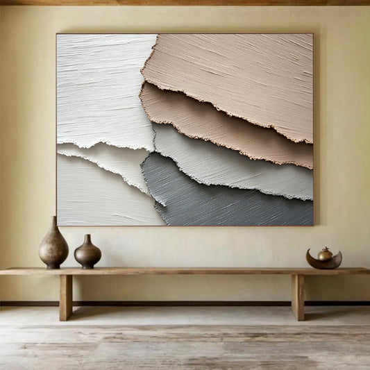 “Neutral Textured Layers” - White, Beige, Gray, Textured Abstract Shapes - Mixed Media Art HB1646