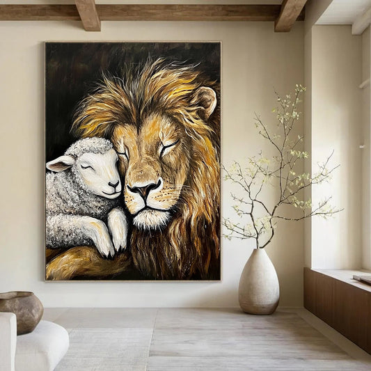 Contemporary abstract painting depicting a lion and lamb in peaceful slumber on a black canvas showcasing harmony and friendship. DLZ1300