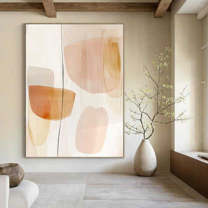 Contemporary hand-painted abstract art featuring peach and neutral tones with simple shapes and subtle watercolor textures for a serene aesthetic. DLZ1689